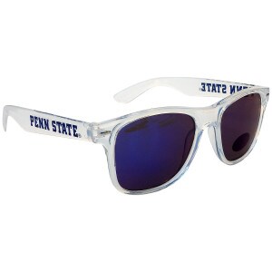 sunglasses mirrored blue lenses clear frames with Penn State on temples